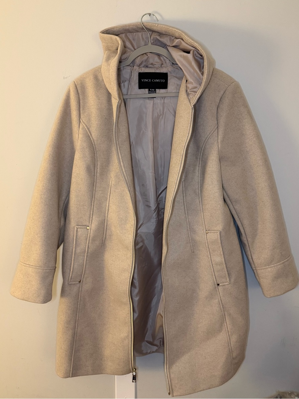 Vince Camuto Light Beige Hooded Wool-Blend Trench Coat
